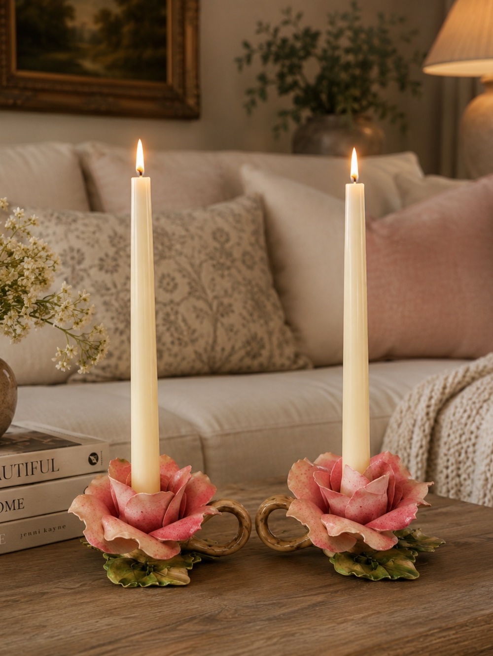Vintage Capodimonte Pink Rose Porcelain Candle Holders Italy Shabby Chic